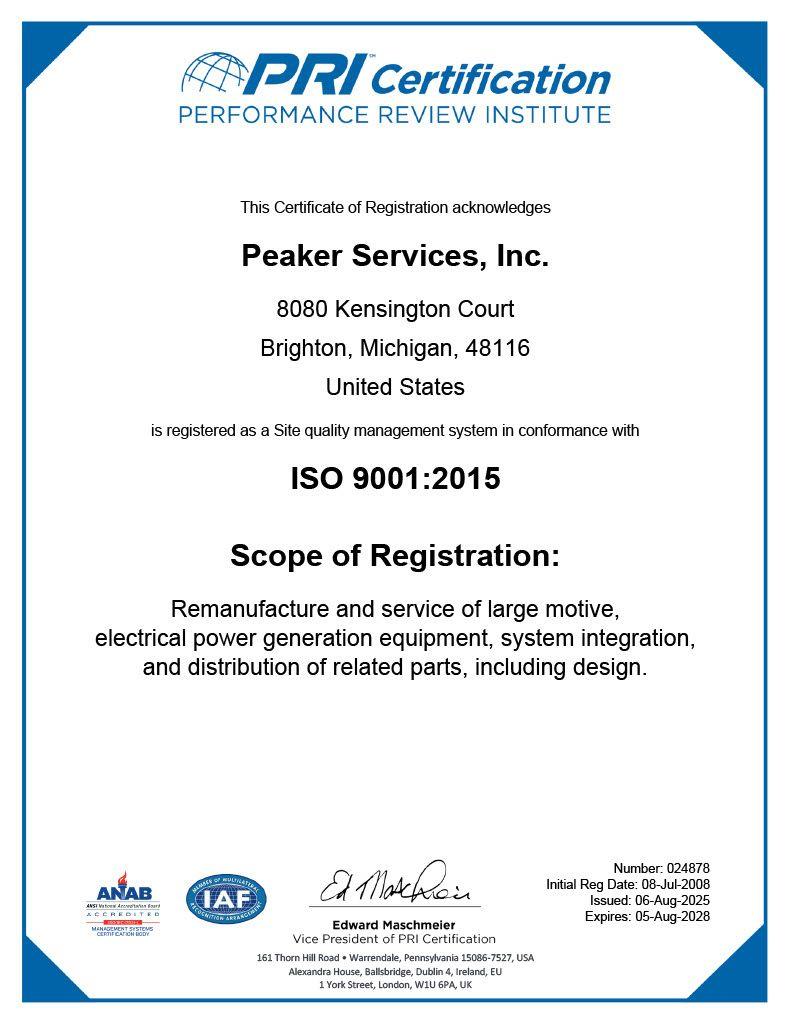 An image of a Peaker certification document.