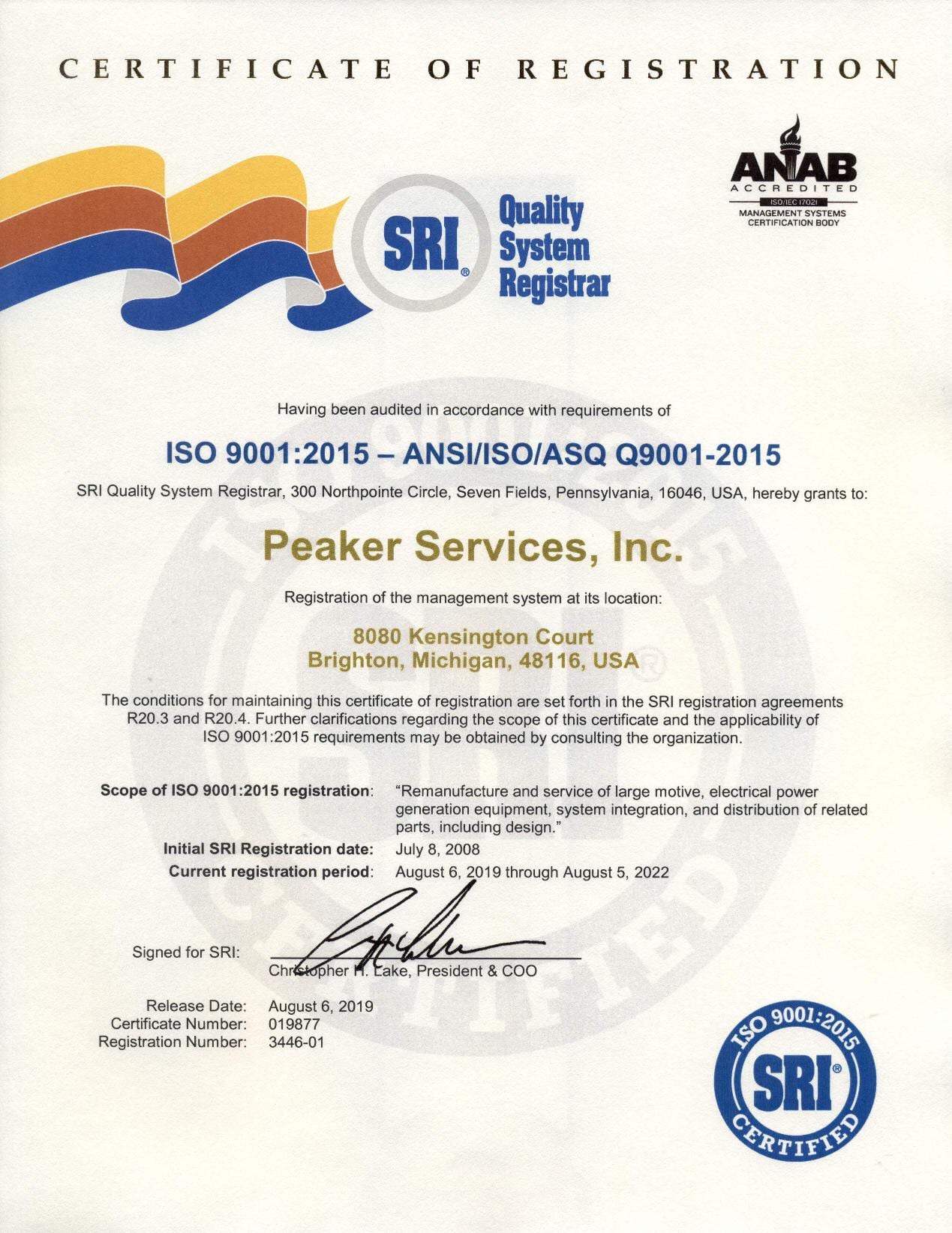 ISO SRI Certificate 2022 Peaker Services, Inc.